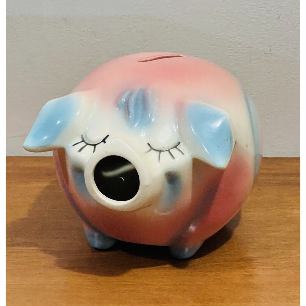Vintage Antique 1957 Hull Pottery‎ Pink And Blue Corky Piggy Bank Pig